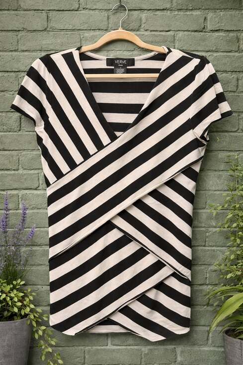 Verve Ami Tops - Verve Ami Black and White Striped Criss-Cross Surplice Front Top